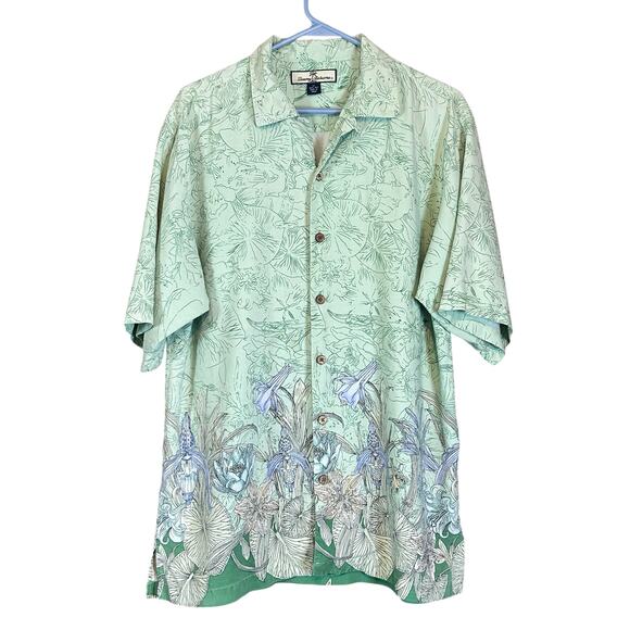 Tommy Bahama Camp Shirt Men Size Medium 100% Silk Green Tropical Coastal Floral - Picture 1 of 9